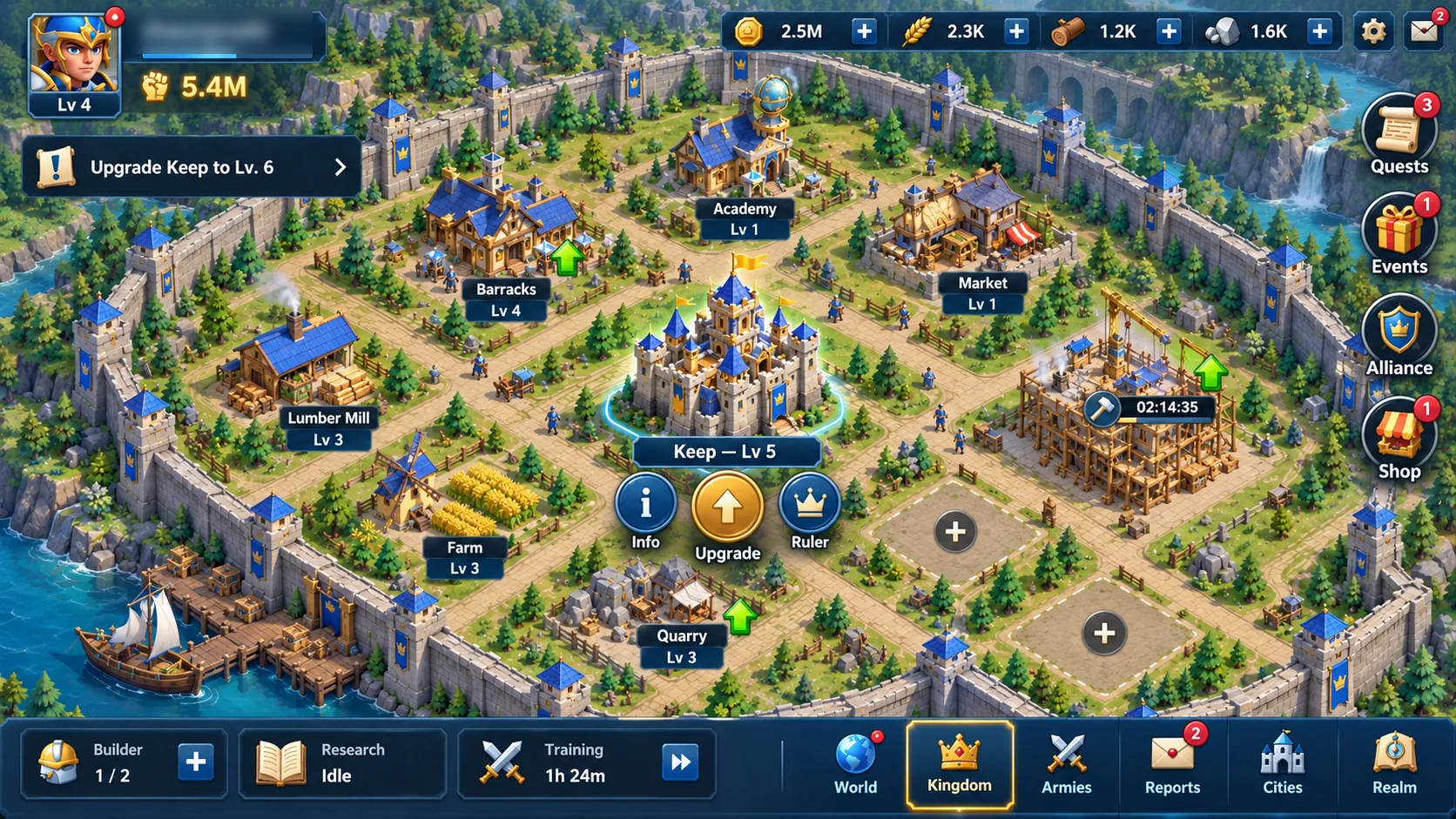 Concept art: a walled capital with its keep, barracks, academy, farms and a building under construction
