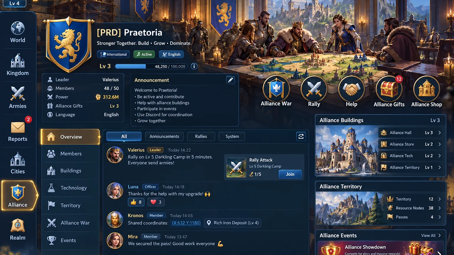 Concept art: an alliance's hall, members, rallies and chat