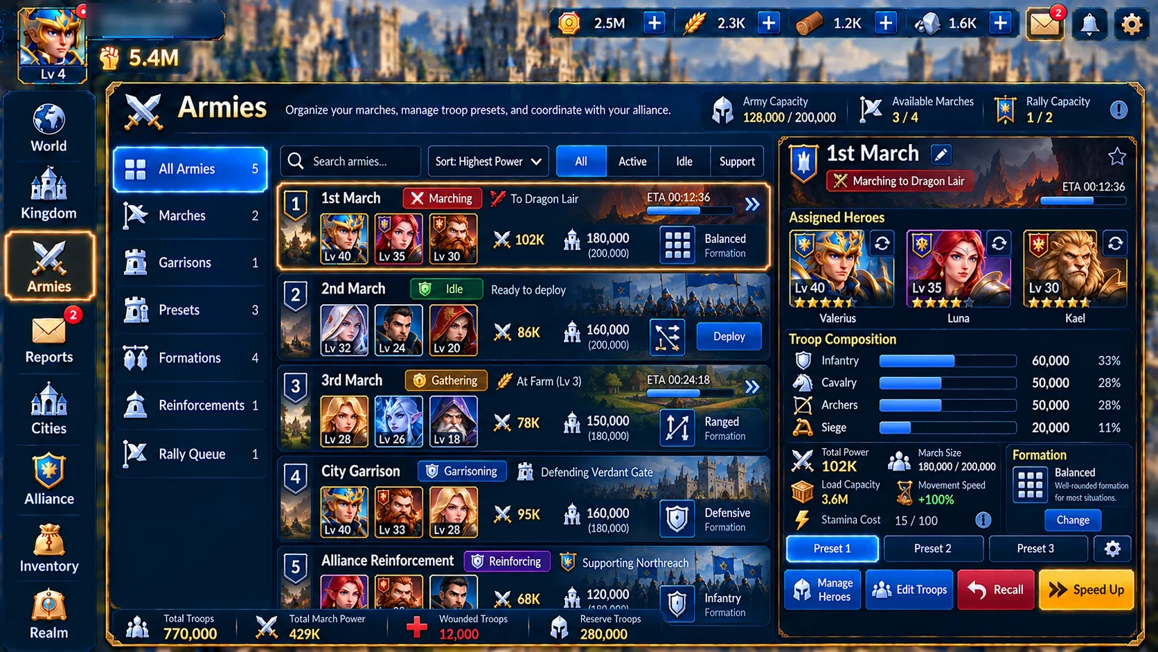Concept art: the Armies screen, with marches, their heroes and troop composition